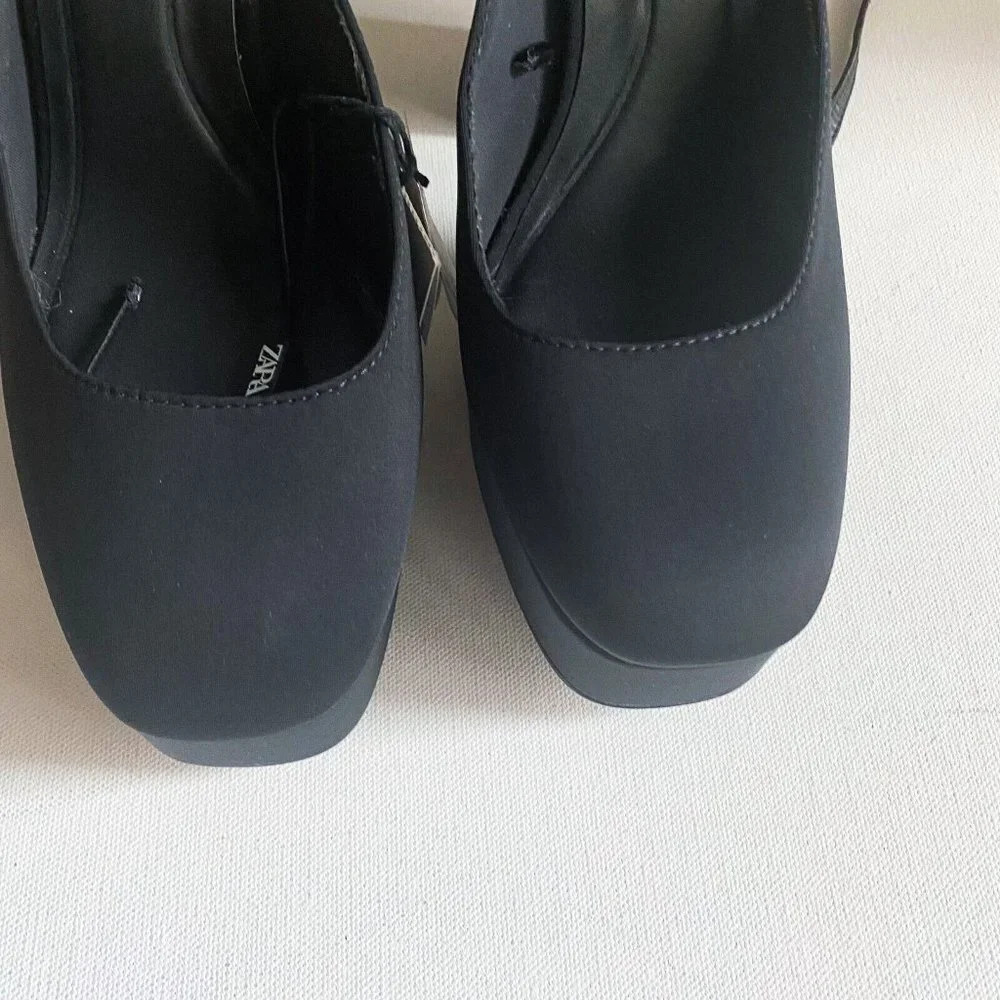 NWT Black Chunky Platform Nylon Ankle Wrap Closure heels 40 - Picture 8 of 11